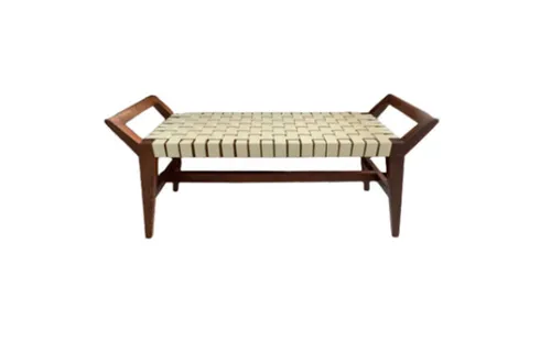 OTT 6317 - Ottoman - Walnut Timber Frame with Woven Cream Leatherette Seat - W 41 cm, H 43 cm, L 112 cm.