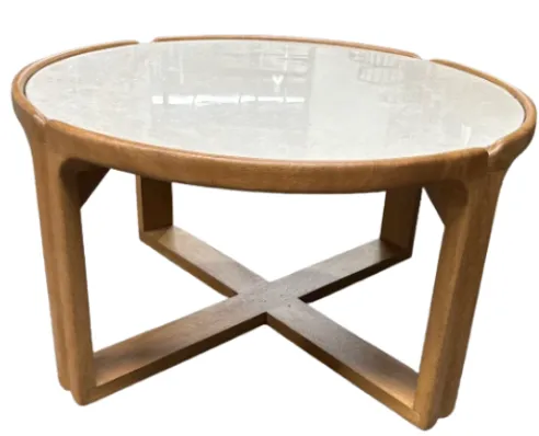 CT 0063 - Coffee Table - Keeves Round Natural Timber Legs Lime Wash Stone Top