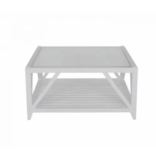 CT 5558 - Coffee Table - Square White Slatted Wood Frame with Glass Top