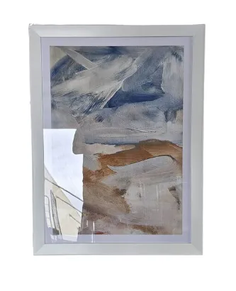 AW 0239 - Artwork - Medium - Abstract Brush Strokes Blue, White & Brown Tones in White Frame 