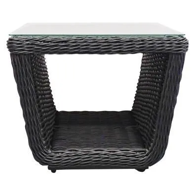 OD ST 0001 - Outdoor - Side Table - Black Wicker Trapezoid Shaped with Glass Top