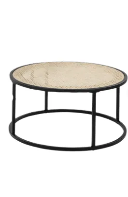 CT 9378 - Coffee Table - Circular Black with Rattan & Glass Top