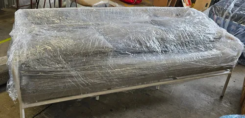 OD SF 0007 - Outdoor - Sofa - 3 Seater White Piped Frame with Grey Cushions & Timber Arm Rests