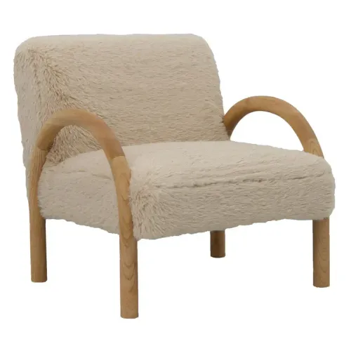 OC 0044 - Occasional Chair - Sand Shag Fabric with Natural Timber Arched Arm Rest & Legs