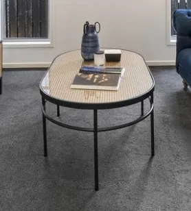 CT 6334 - Coffee Table - Oval Black Metal Frame with Rattan & Glass Top - D 1200 x 700mm