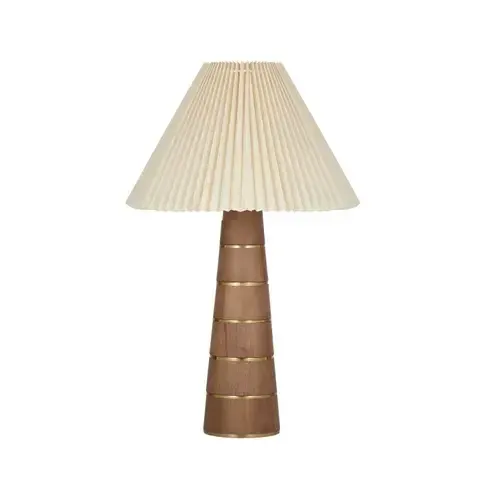 LP 0074 - Table Lamp - Timber Base with Brass Indents and Ivory Fluted Shade