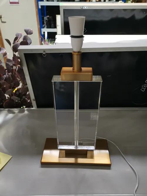 LP 0592 - Table Lamp - Clear Perspex body on Gold Base with Box Shade