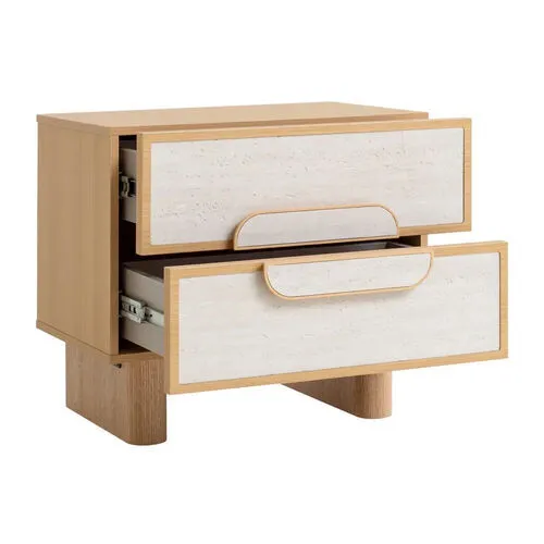 Natural Wood Modern Design Bedside Table with Stone Panel Drawers - BST 0125