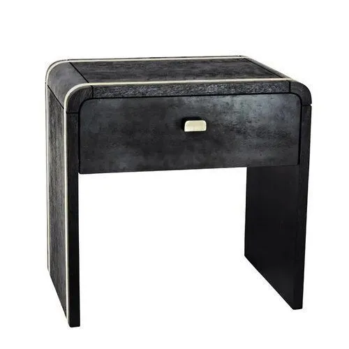 Luxe Single Draw Black Timber Bedside Table with Bone Inlay Feature - BST 7006