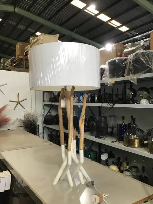 LP 1100 - Floor Lamp - tall white and natural branch / large white drum shade  