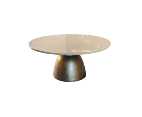 CT 0089 - Coffee Table - Brass Pedestal Base with Circular Cream & Brown Stone Top