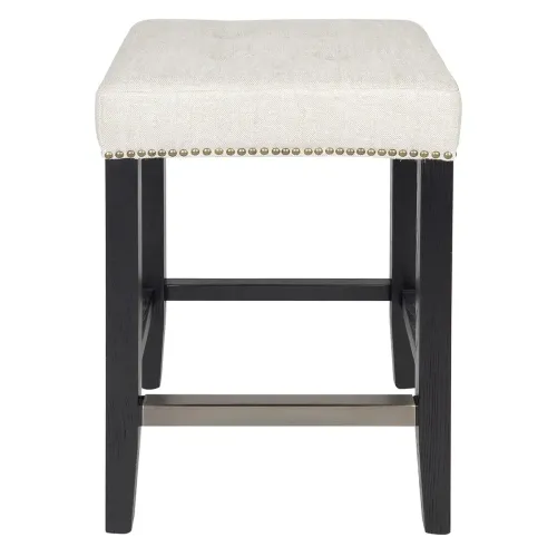 STL 0033 - Counter Stool - Natural Linen with Bronzed Stud Seat on Black Frame