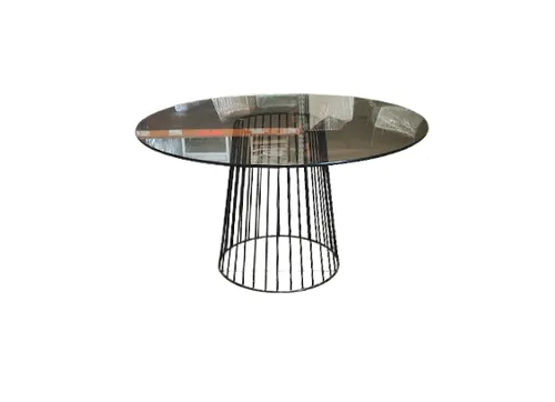 DT 0008 - Dining Table - Circular Glass Top with Black Metal Wired Pedestal Base