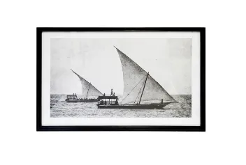 AW 1978 - Artwork - Medium - Landscape Black & White Sail Boats in Framed Glass