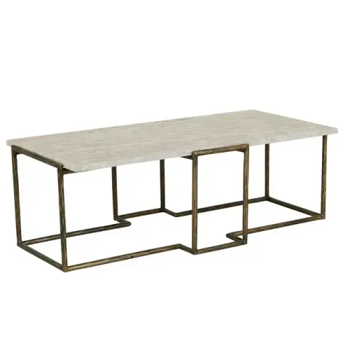 CT 0019 - Coffee Table - Antique Brass Cross Design Frame with Latte Stone Rectangular Top