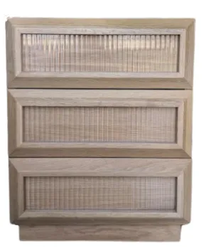 Natural Oak Timber & Fluted Glass Panelled 3 Drawer Bedside Table - BST 0030