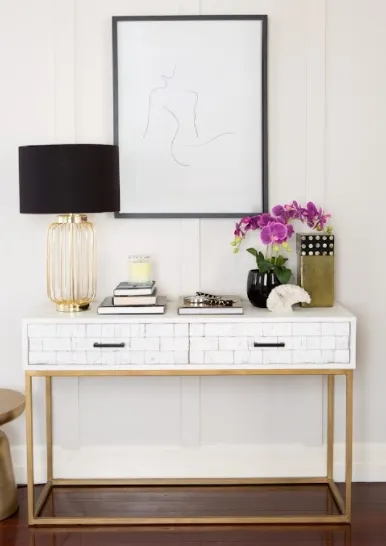 CN 4053 - Console - White Wood with Carved Geo Motif Drawers on Gold Metal Frame