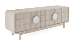 ENT 0006 - Entertainment Unit - White Washed Timber Patterned Doors Round White Marble Handles 