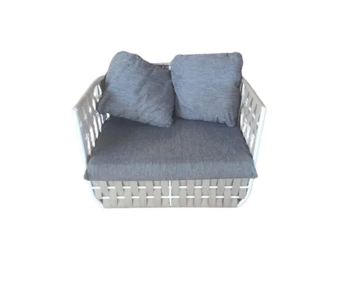 OD OC 0011 - Outdoor - Occasional Chair - Grey Nylon Rope on Curved White Frame with Dark Grey Cushions