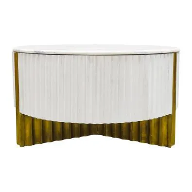 CT 0056 - Coffee Table - Circular White & Brass Ribbed with Marble Top