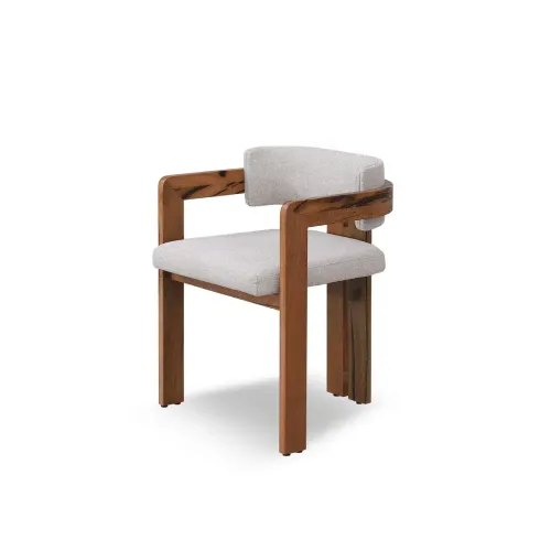 DC 0054 - Curved Natural Wood Tri-Leg Dining Chair with Stone Beige Fabric 