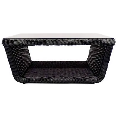 OD CT 0005 - Outdoor - Coffee Table - Black Wicker Weave Trapezoid Shape with Glass Top