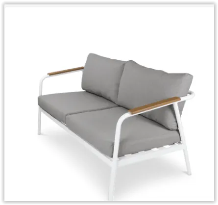 OD SF 0008 - Outdoor - Sofa - White Aluminium Frame with Grey Cushions & Timber Panelled Arm Rest