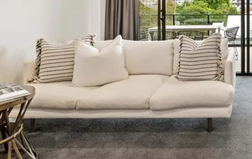 SF 9134 - Sofa - 3 Seater - Creamy Beige Fabric Slim-line on Walnut Legs