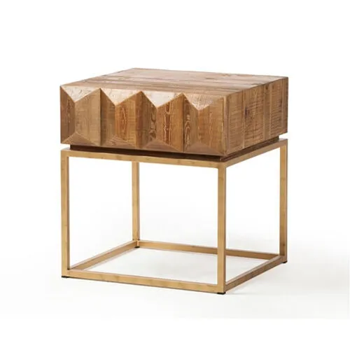 Blonde Wood Bedside Table with Carved Geometric Door & Gold Legs - BST 4054