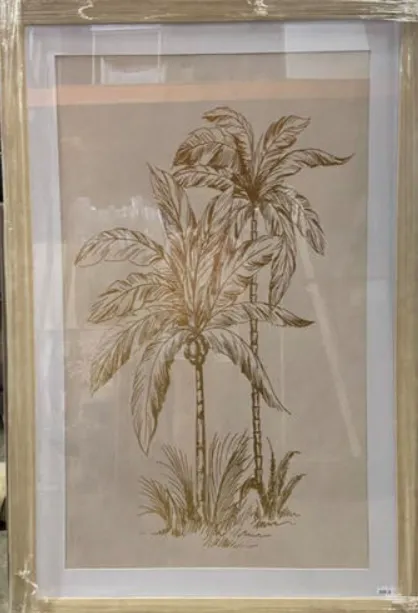 AW 3109 - Artwork - Extra Large - Gold Palm Trees on a Neutral Backdrop Encased in Glass Frame