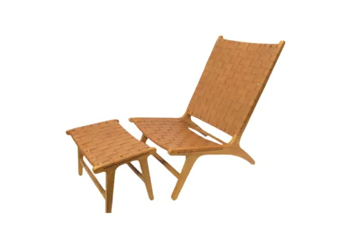 OC 0006 - Natural Timber Lattice Tan Leather Deck Style Accent Chair with Foot Stool