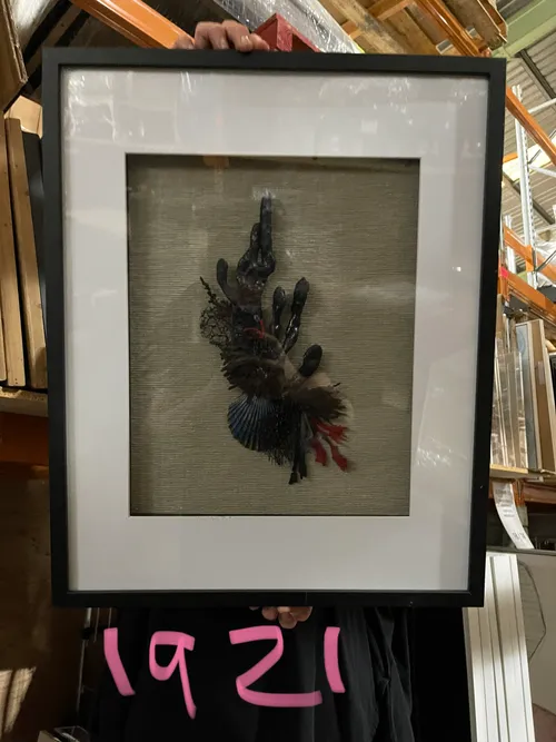 AW 1921 - Black, Red & White Coral & Shells on Fabric Background in Black Frame - Small Artwork