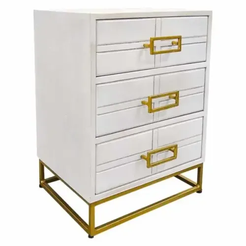 3 Drawer White Wash & Antique Brass Bedside Table - BST 0025