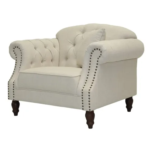 OC 7842 - Traditional Arm Chair in Studded Natural Linen with Tufted Buttons & Rolled Arms