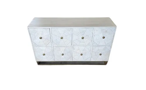BF 3254 - White Timber Buffet on Brass Frame with Ribbed Geometric Door Pattern
