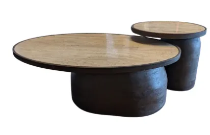 CT 0082 - Coffee Table - Oval Shape Inlaid Marble Top on Timber Base - 2 Piece Nesting Set 