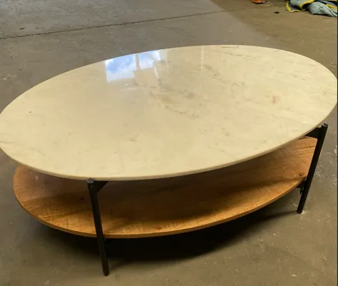 CT 2637 - Coffee Table - Oval Marble Top with Wood Shelf on Black Legs 