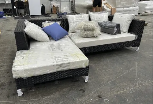 OD SF 0004 - Outdoor - Sofa - Black Rattan L Shaped Modular with White Cushions