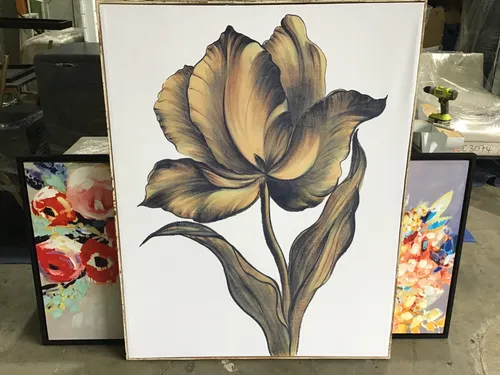 AW 1595 - Artwork - Extra Large - Golden Flower with Two Leaves in Distressed Frame