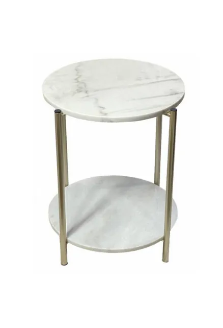 ST 9595 - Side Table - Circular 2 Tier White Marble Shelves on Bronze Frame