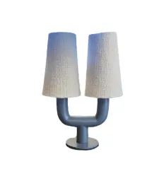 LP 0145 - Table Lamp - Grey Metal Dual Light with Light Woven Cone Shades