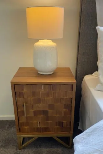 Red Wood Bedside Cabinet with Geometric Door & Gold Metal Legs & Handle - BST 4044