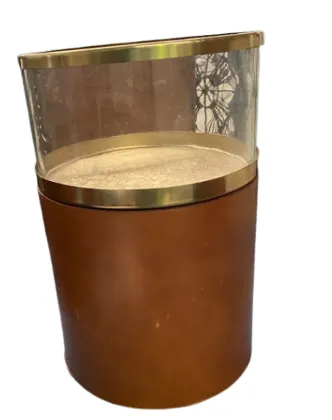 ST 3046 - Side Table - Small Cylindric Tan Leather with Gold Framed Glass Top