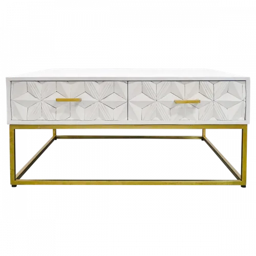 CT 0004 - Coffee Table - Angelina Square White Wood with Geo Craved Motif & Antique Brass