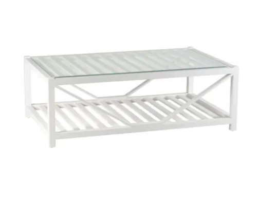 CT 4444 -  Coffee Table - Rectangle Slatted White Wood with Glass Top 