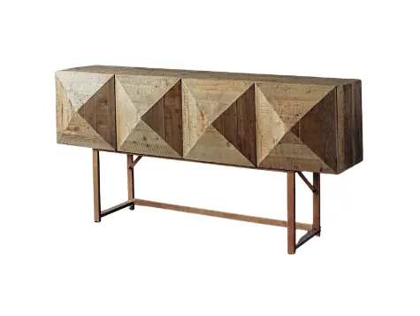 BF 1086 - Walnut Timber Buffet on Copper Legs with a Geometric Pyramid Motif Front