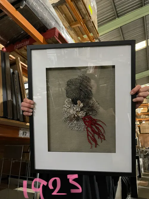 AW 1923 - Artwork - White, Black & Red Sea Pieces on Fabric Background with White Border & Black Frame