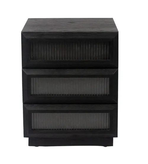 Matte Black Timber 3 Drawer Bedside Table with Glass Panelling - BST 0032