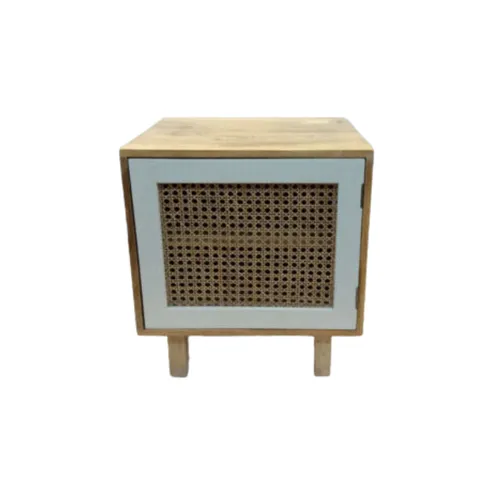 White Timber Bedside Table with Natural Rattan Door Panel - BST 0008