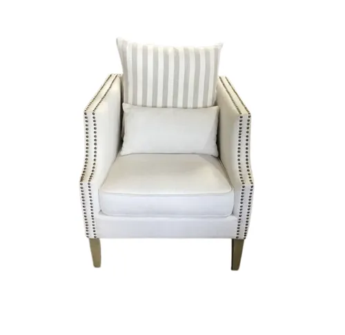OC 7768 - White Linen Occasional Chair with Studded Edges & Timber Legs